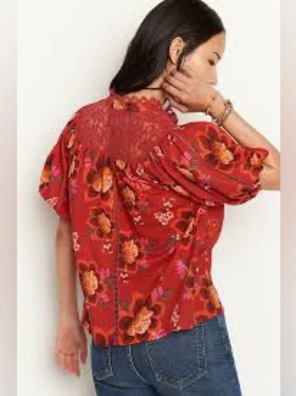 FARM RIO by Anthropologie Red Floral Puff-Sleeve Blouse